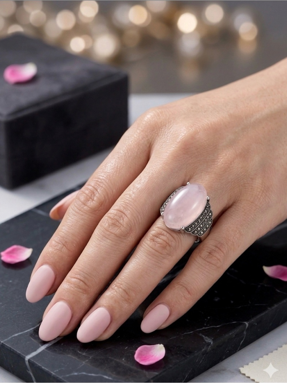 Rose Quartz & Marcasite Sterling Silver Overlay Cocktail Ring – Size 8